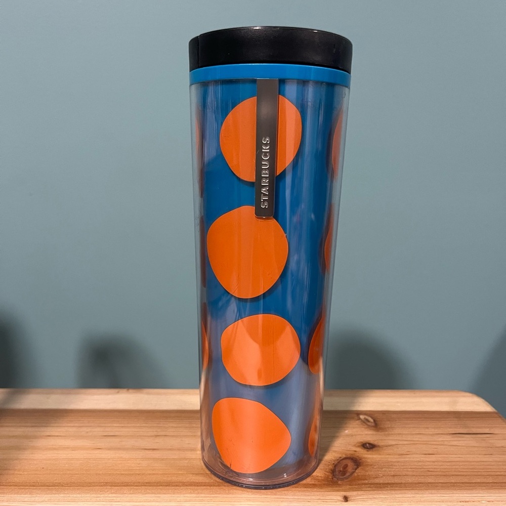 Starbucks 2013 Tumbler Travel Blue with Pumpkin Orange Dots 16 Oz